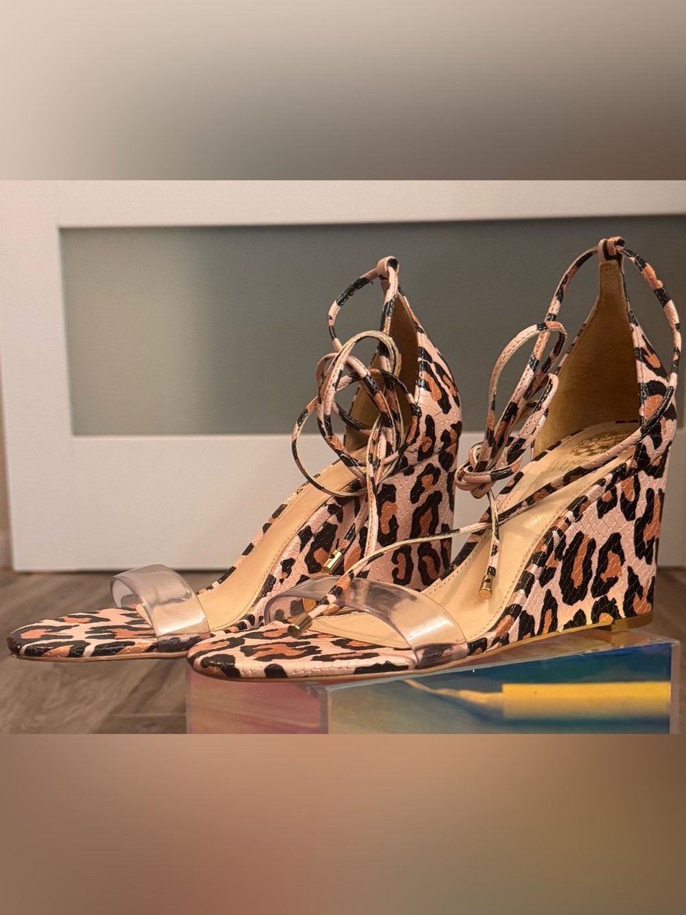 Vince Camuto Leopard-Print Pink Ankle-Tie Wedge Sandals - Picture 4 of 8